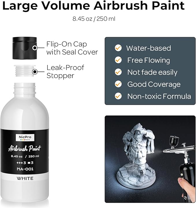 Nicpro White Large Airbrush Paint (8.45 oz, 250 ml) Ready to Spray Opaque Water-Based Acrylic Air Brush Paints for Model, Wood, Canvas, Metal, Plastic, Leather, for Beginners & Artists