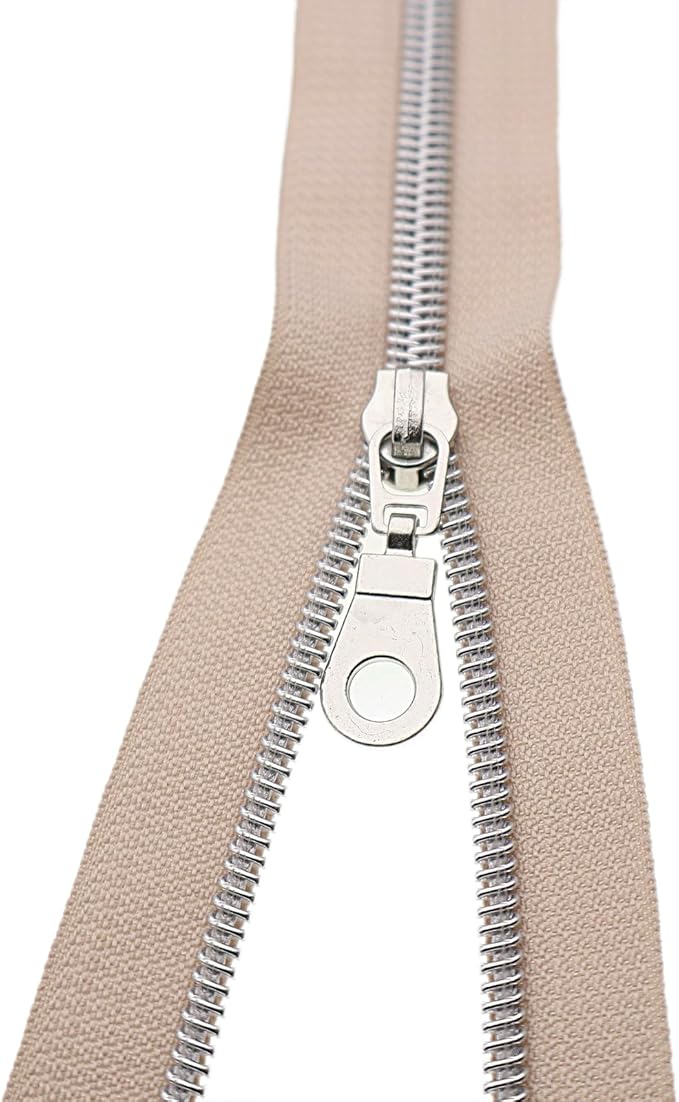 #5 Silver Metallic Nylon Coil Zipper by The Yard, Bulk 10 Yards Beige Zipper Tape Silver Teeth with 25PCS Silver Zippers Pulls for Sewing, Bags, Purses YIGUANXIN