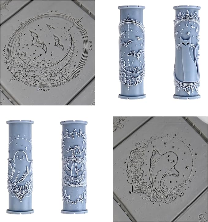 Spooky Smiles Collection Clay Texture Rollers 4-Pack (4") - Halloween Set #01 - Embossing Pattern Rollers for Polymer & Ceramic Clay, Pottery & Crafts