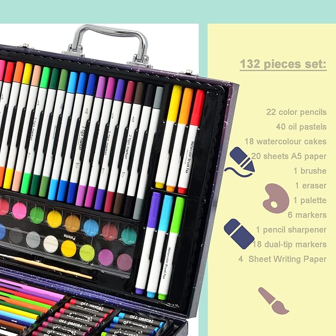 132-Piece Art Set, Deluxe Professional Color Set, Creating Gift Box, Art Set Crafts Drawing Painting Christmas Kit for Kids and Adult, Girls Boys