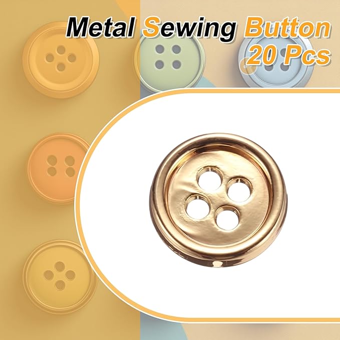 HARFINGTON 20pcs Metal Sewing Button, 11.5mm 4-Hole Round Suit Shirts Coats Clothes Sewing Buttons for Decoration Craft, Gold