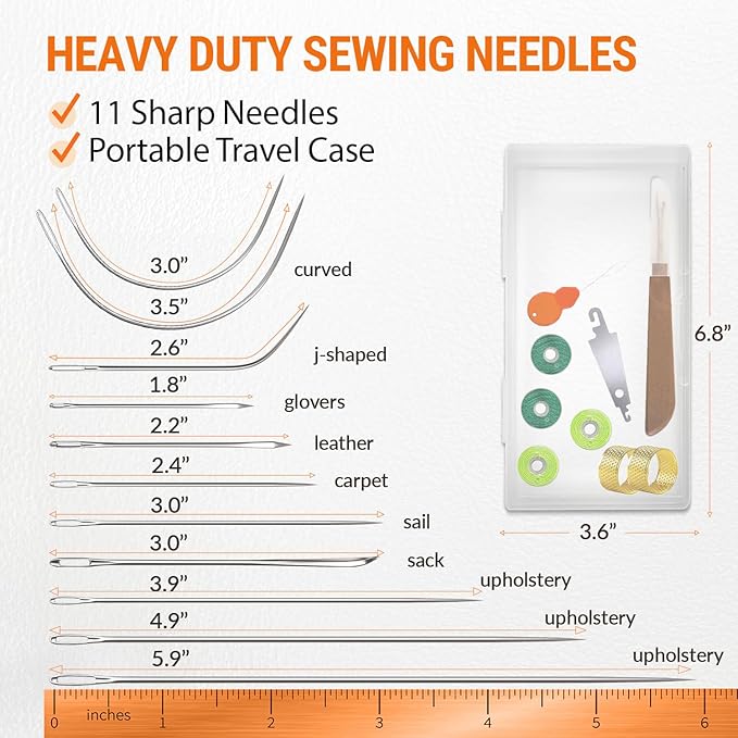 VONEEDL Heavy Duty Sewing Needles (11 PCS) & Waxed Thread (4 Green Colors) - Upholstery Repair Kit for Leather, Canvas, Quilting & More