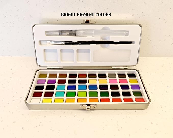 EG Liberty - 50 Color Watercolor Paint Set – Solid Watercolors in Durable Metal Tin – Non-Toxic Portable Travel Kit with Brushes & Mixing Palette – Art Supplies for Artists, Students, Beginners & Kids