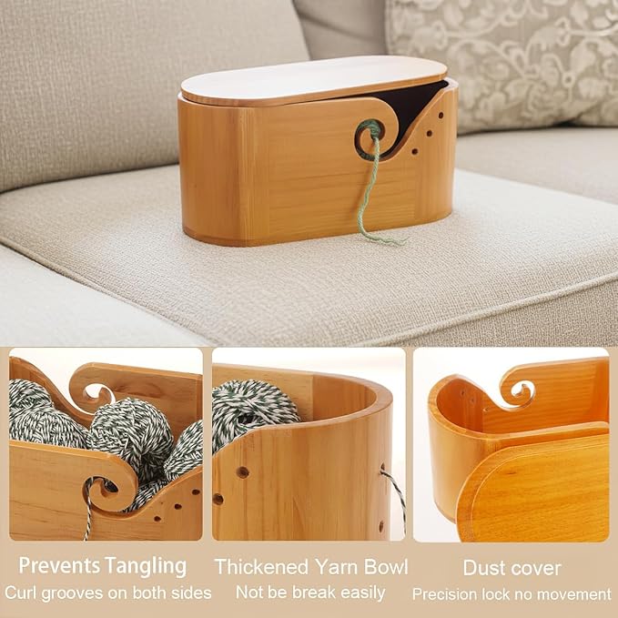 Wooden Oval Yarn Bowls for Crocheting, Handmade Crochet Bowls with Lid and 9 Pcs Knitting Hooks, Knitting Lovers Yarn Storage Bowl for Handmade Knitting Yarn Lovers (Original Wooden Color)
