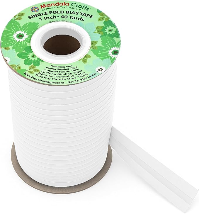 Mandala Crafts 1 Inch Single Fold Bias Tape for Sewing, Quilting, Piping, Hemming, Blanket & Quilt Binding – 40 Yards White Fabric Seam Binding Tape