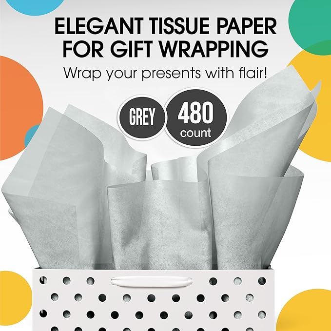 Party Solids Grey Tissue Paper for Gift Bags - 20" X 30" Bulk Tissue Paper Grey 480 Sheets - 10lb Newsprint for Packing, Birthday Gift Box Filler, Packing Supplies for Moving Supplies