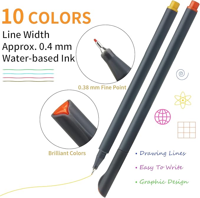 MyLifeUNIT Colored Pens, 20 Pieces 0.4 mm Fine Liner Pens Set for Writing, Sketching, Drawing and Journaling, 10 Assorted Colors