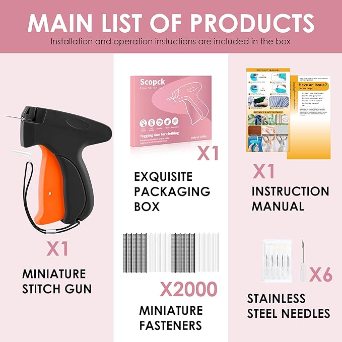 Stitch Gun for Clothes - Handheld Stitch Tag Gun Quick Clothing Fixer - Tagging Gun - Sewing Kit Includes 6 Needle, 1000 Black Fasteners and 1000 White Fasteners (Black, Orange)