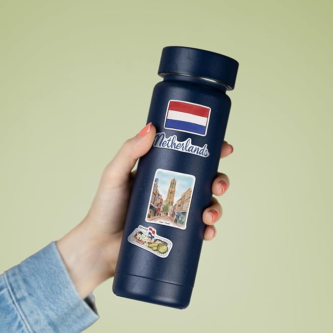 Navy Peony Artistic Netherlands Travel Stickers (29pcs) - Watercolor, Holland, Dutch-Themed Vacation Decals for Journals, Scrapbooks, Water Bottles