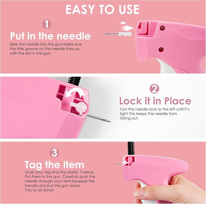 Handheld Stitch Tag Gun for Clothes, Quick Clothing Fixer, Tagging, Sewing Kit Includes 6 Needle, 1000 Black Fasteners & 1000 White Fasteners, Pink