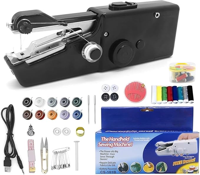 Portable Handheld Sewing Machine Kit Mini USB Electric Stitch Manual Hand Held Stitching Stapler Small Easy Sew Machine Beginners Travel Tiny Tailor Sewing Embroidery Tool Device Heavy Duty (Black)