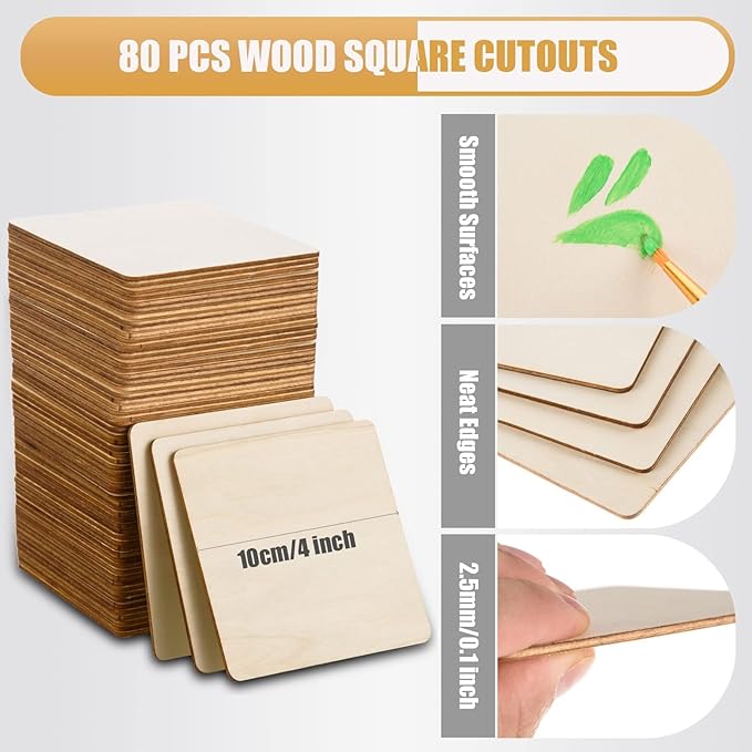 FOBSME 80 Pcs Unfinished Wood Squares, 4x4 Inch Natural Wooden Square Cutouts for DIY Crafts, Painting, Engraving, Home Decor