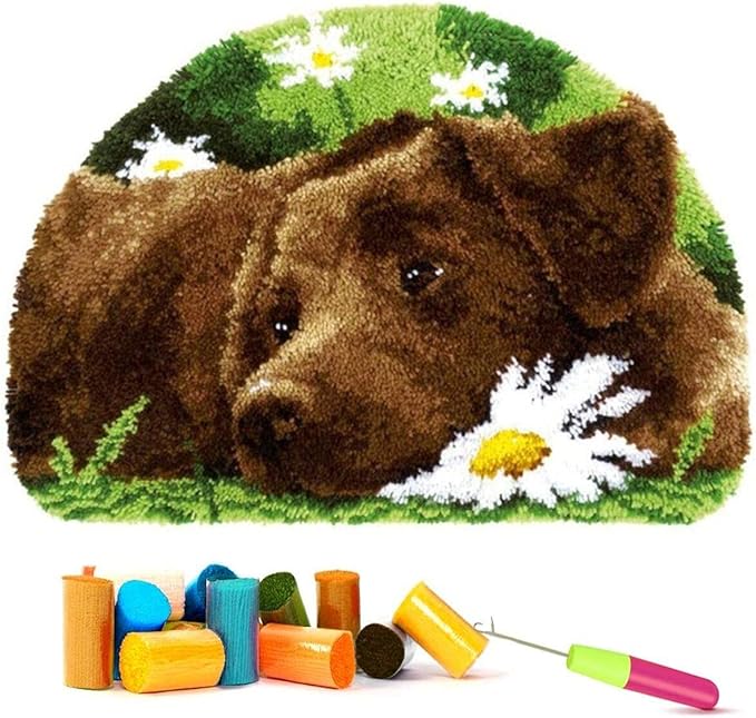 EMISTEM Latch Hook Kits for Adults - DIY Latch Hook Rug Kits, Crochet Kit for Beginners, Rug Making Kits with Printed Canvas, Gift Packaging. (Dog in Flowers,15x21)