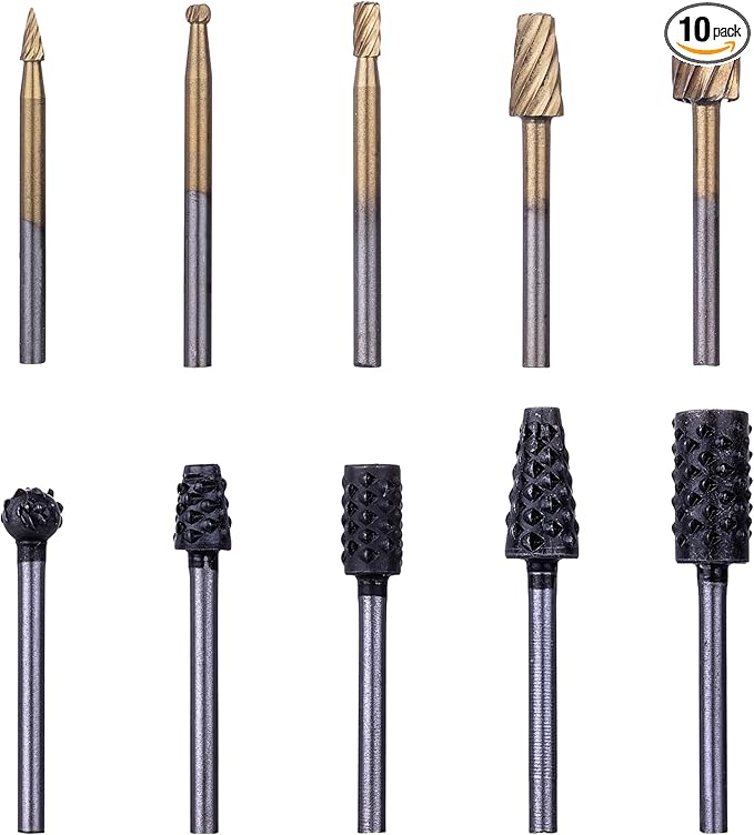 NordWolf 10-Piece Wood Carving Rasp Files Set for Rotary Tools, with 1/8" Straight Shank for Woodworking, Deburring, Shaping & Grooving in Storage Case