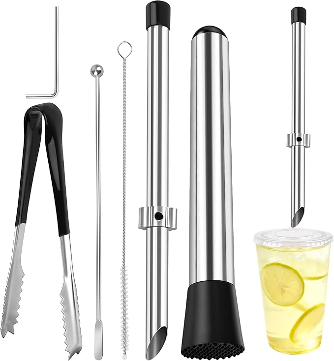 5Pcs Straw Hole Puncher Set, Luxiv 304 Stainless Steel Straw Puncher for Plastic Lids Hole Punching Tools for Drinks Coffee Lemonade Stand Tool Set with Muddler, Stirring Rod, Ice Tweezers, Brush