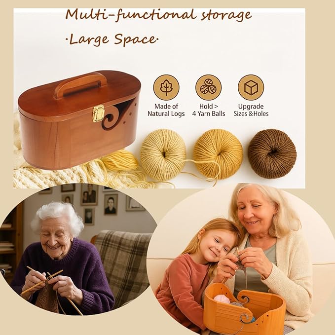 Gift Wooden Yarn Bowls with Lid and Handle for Knitting, Portable Crochet Bowls with 9 Knitting Crochet Hooks, 5 Hooks, Yarn Ball, Complete Set for Beginners, Enthusiasts,Mother's Day gift