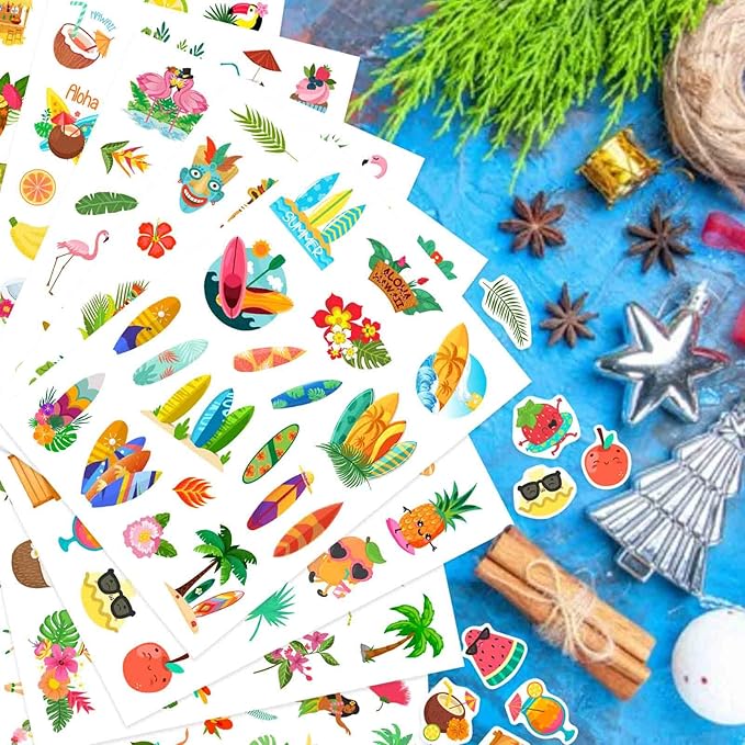 24 Sheets Summer Pool Beach Stickers Luau Hawaii Sun Stickers Sea Beach Watermelon Beer Ice Cream Pineapple Sticker for Hawaii Tropical Decoration Sticker Summer Holiday Party Favors