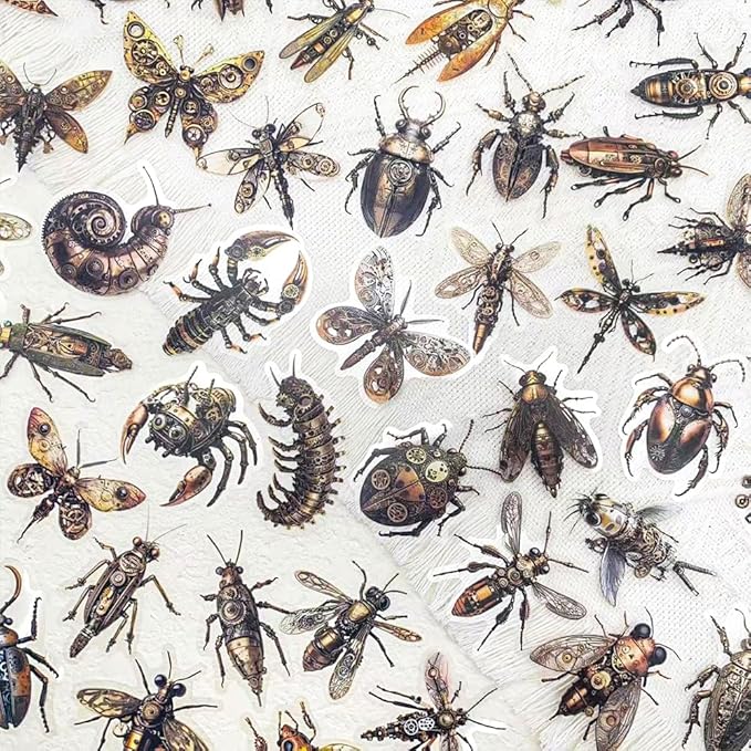 50 Pcs Steampunk Insect Stickers for Scrapbooking – Vintage Mechanical Bug Decals with Gears & Clockwork, Clear Waterproof Aesthetic Stickers for Journaling, Water Bottle, DIY Crafts