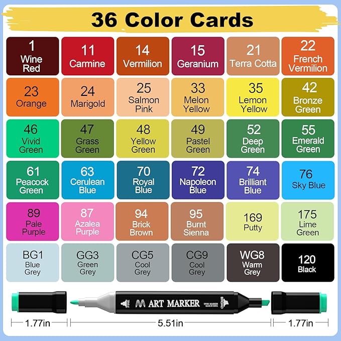 Alcohol Markers, 36 Colors Dual Tip Art Marker, Alcohol Based Markers for Kids Sketching Adult Coloring, Permanent Drawing Marker with Case and Holders