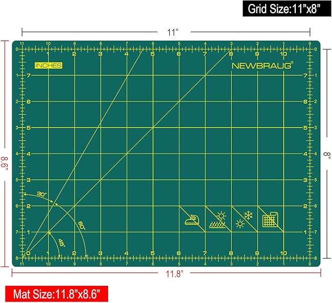 NEWBRAUG 9'' × 12'' Professional Self Healing Cutting Double Sided 5-Ply Mat, Best Gridded Rotary Cutting Board for Quilting, Sewing, Craft, Fabric & Scrapbooking (Green/Black)…