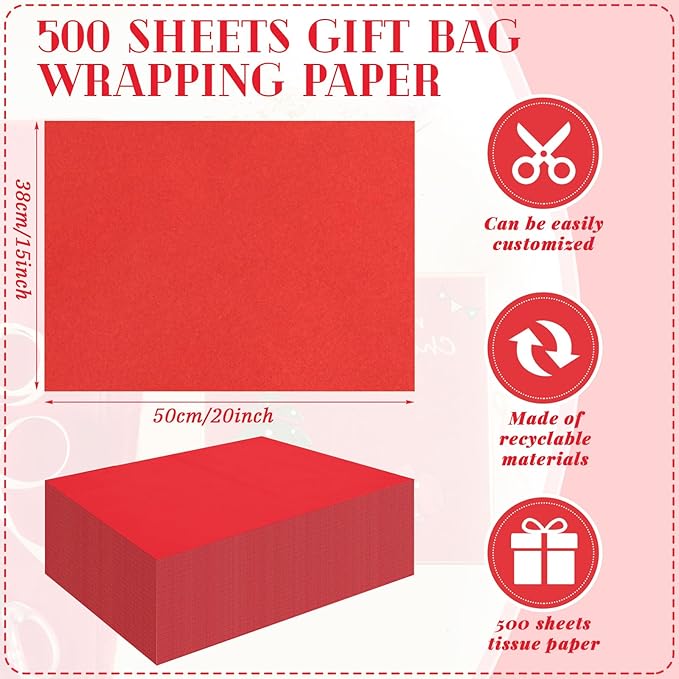 Qilery 500 Sheets Red Tissue Paper Bulk 15 x 20 Inch Valentine's Day Wrapping Paper for Gift Bags Acid Free Tissue for Chinese New Year Craft, Bouquet, Garland, Forming Pompom, Wedding