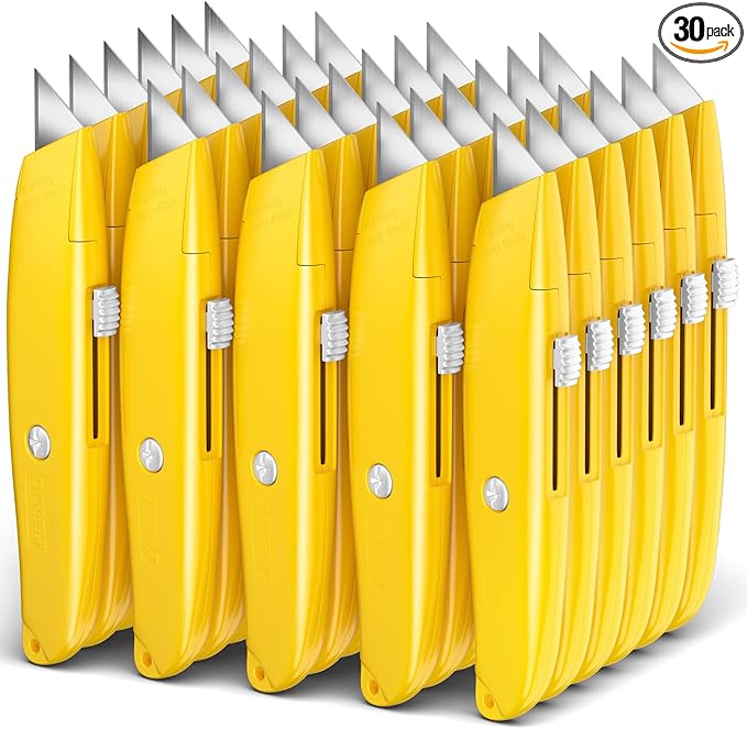 DIYSELF 30 Pack Box Cutter Heavy Duty Aluminium Shell Utility Knife | SK5 Steel Sharp Blade | Retractable Knife for Cutting Cartons Ropes and Cardboard | Home and Office Use, PVC Pipe Cutter (Yellow)