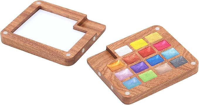 Soho Urban Artist Mini Wooden Travel Watercolor Palette of 15 Metallic Colors - Professional Watercolor Paint Set for Plein Air Artists, Semi-Moist Pans, Pocket