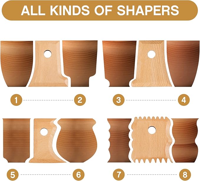 Amylove 7 Pcs Pottery Tools Pottery Foot Shaper Trimming Tools Profile Rib Bundle Foot Shaper for Ceramics for Carving Clay Molds Clay Texture Ribs Ceramics, Beech Wood (Wood Color)