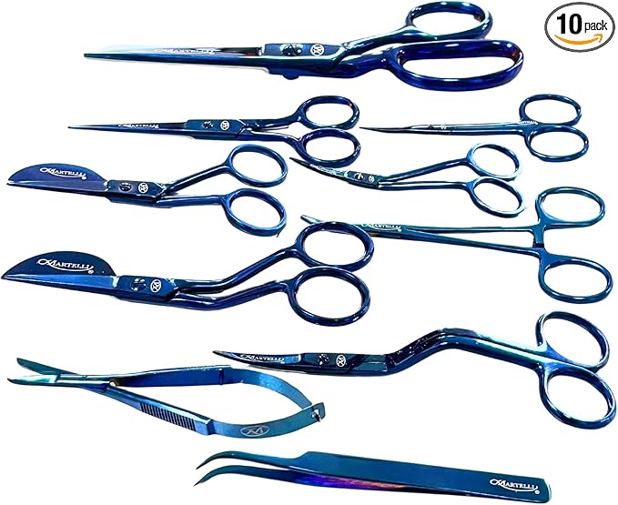 Martelli - 10 piece Stainless Steel Scissor Kit - Professional Sewing Shears for Fabric Cutting with Quilting and Fashion Design - Blue