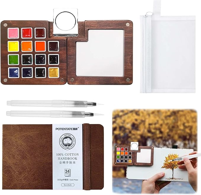 Mini Watercolor Paint Set - 15 Color Travel Watercolor Palette Set - Portable Water Color Paint Set with Watercolor Journal, Binder Clips,Pens,Storage Bag, Wooden Box for Beginners Painters Artists Student
