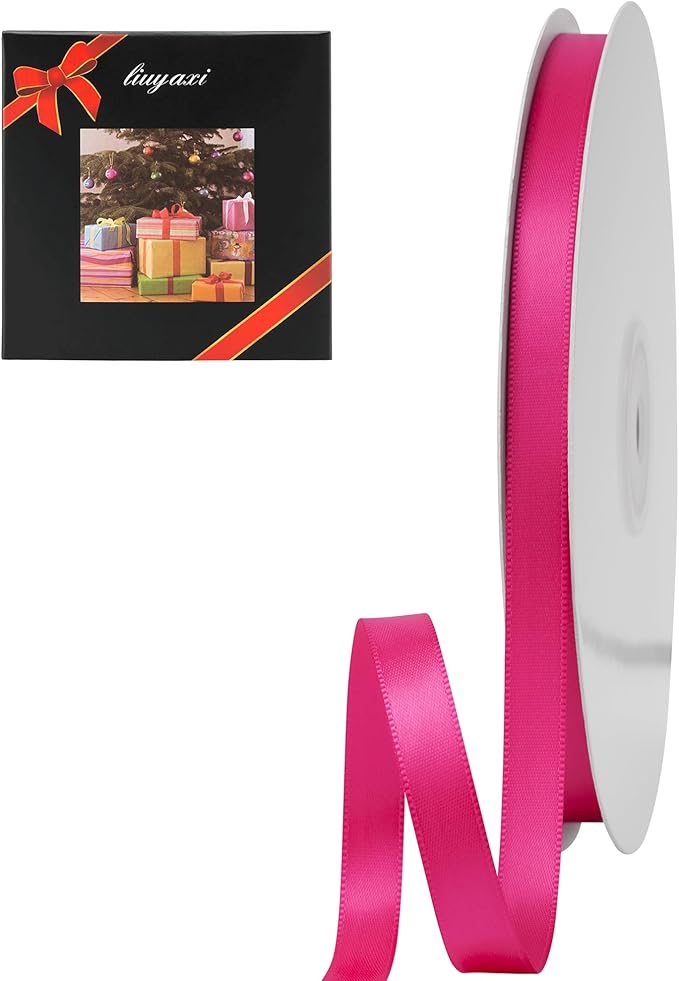 LIUYAXI Hot Pink Double Faced Satin Ribbon, 3/8" X Continuous 100 Yards, Ribbons Perfect for Gift Wrapping Bows Bouquet Wedding Decor DIY Craft and More