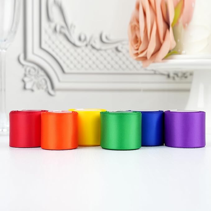 Rainbow Ribbon 1.5 Inch Double Face Satin Polyester 6 Rolls 30Yards Rainbow Colored Satin Ribbon for Wedding, Baby Shower, Birthday Party Decoration