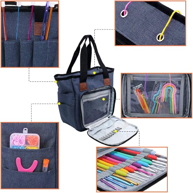 SumDirect Yarn Bag, Knitting Organizer Tote Bag Portable Storage Bag for Yarns, Carrying Projects, Knitting Needles, Crochet Hooks, Manuals and Other Accessories (Blue)