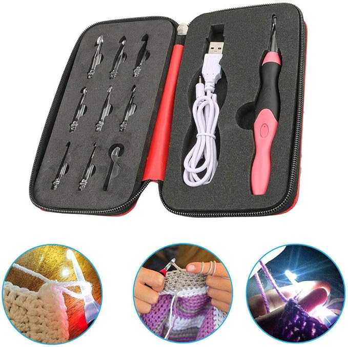 Paddsun Lighted Crochet Hook Set, 9 in 1 Rechargeable Ergonomic Crochet Hook Set with Zip Case Light Up Knitting Needles Kit Weave Sewing Tool Accessories