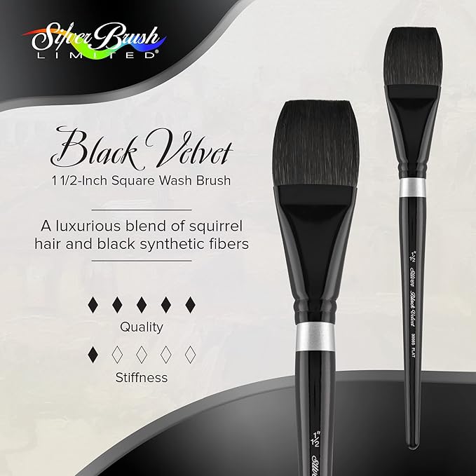 Silver Brush Limited 3008S-1-1/2 Black Velvet Square Wash Paintbrush for Watercolor, Gouache, Inks, & Dyes, Size 1-1/2 Inches, Short Handle