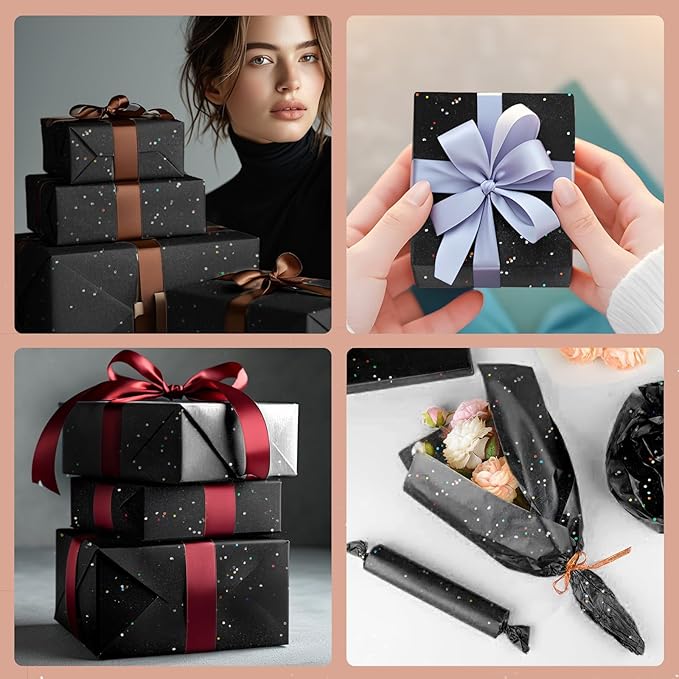 Black Glitter Tissue Paper for Gift Bags 36 Sheets 20 x 20 Inch - Recyclable Wrapping Paper for Weddings, Birthdays, Party & Festival Decorations DIY Craft Supplies