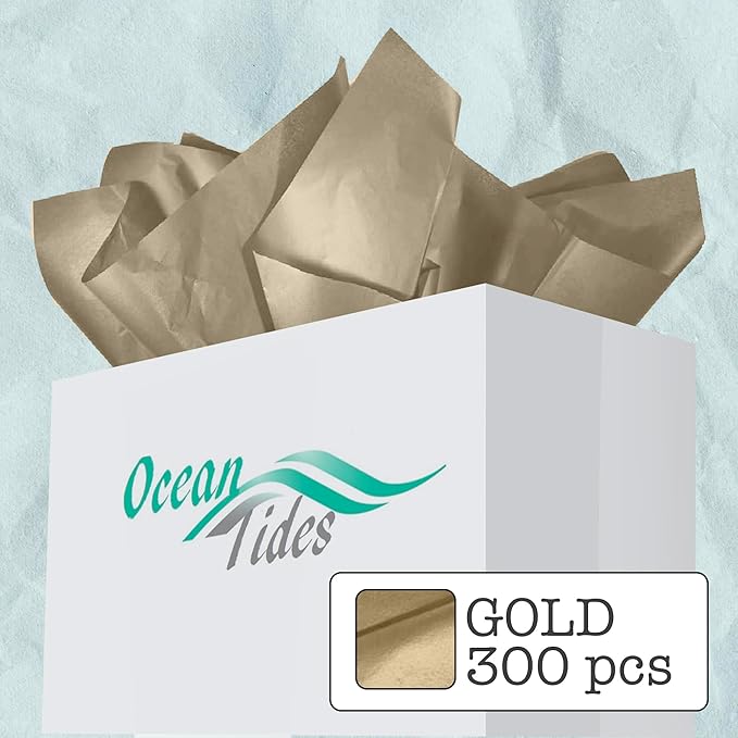 Ocean Tides 300 Sheets (14 x 20 Inches) Christmas Wrapping Paper – Gift Wrapping Tissue Paper Bulk for Crafts, Birthdays, & Holidays – Colored Tissue Papers for Gift Bags & Decorations, Gold