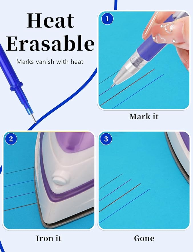 Gezan Heat Erasable Fabric Marking Pens for Sewing and Quilting Fabric Markers for Sewing with 3 Pens + 30 Refills Quilting Embroidery Supplies Sewing Accessories DIY Dressmaking Fabrics Tailors Pen