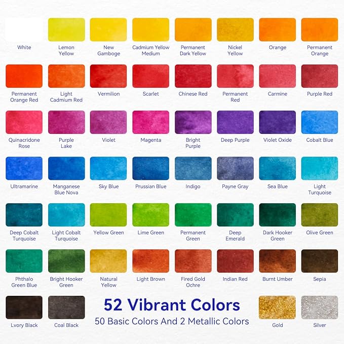 Travel Watercolor Set, 52 Colors Watercolor Paint with 1 Drawing Pencil, 1 Paint Brush, 5 Watercolor Paper, 1 Sponge & 1 Black Drawing Pen, Water Colors Paint Adults Set, Blue Case