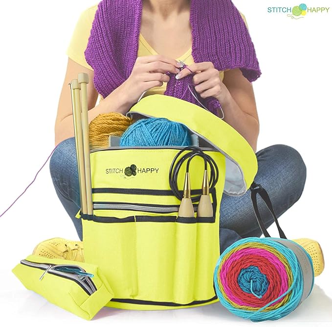 Stitch Happy Designer Crocheting Kit: 52 Piece Crochet Kit for Beginners & 7 Pocket Yarn Bag, Signature Yarn Storage - Sunshine