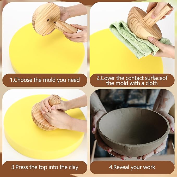 4 Pack Pottery Molds Plaster Molds Wood Pottery Tools with Handle Foam for Ceramic Top Forms DIY Bowls Plate Dish Slump Press Art, Hemispherical, 5.5'' 6.5'' 7.5'' 8.5'', Thickness 2.5''
