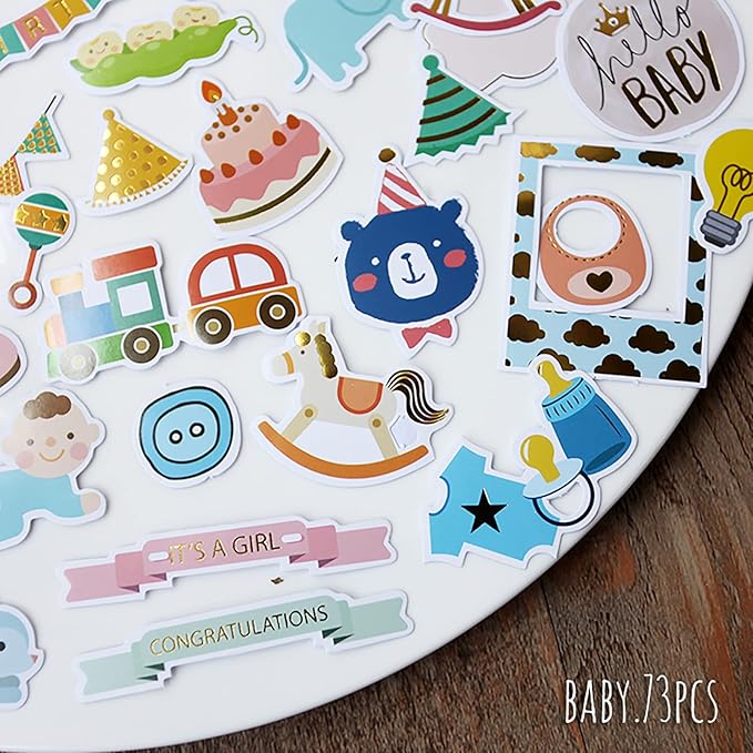 Doraking 73PCS Baby Loves Foil Gold Decorative Stickers for Scrapbook Journals Birthday Party Invitation Cards Kids Gift Wrap Stickers, Doraking No-Repeat Cute Cartoon Stickers (Baby)