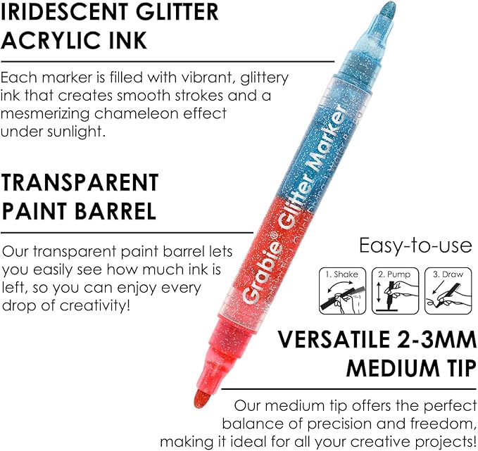 Grabie 16 Metallic Colors Dual Tip Glitter Markers, Glitter Metallic Shimmer Marker Set of 8, Acrylic Paint Pens for Rock Painting, Black Paper, Wood, Canvas, Stone, Glass, Ceramic, DIY Crafts Making