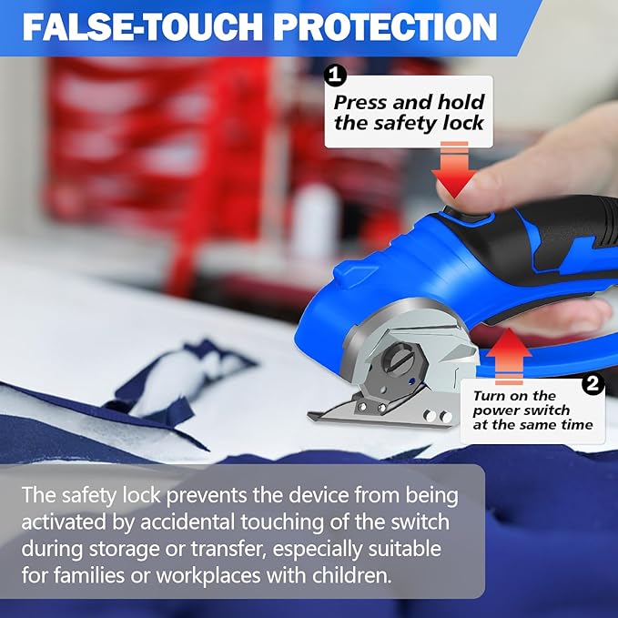 Cordless Electric Scissors, 4V Box Cutter & Cardboard Cutter with 2 Titanium Blades - Rotary Cutter with LED Light for Fabric, Leather, Carpet, Plastic, Crafting + Storage Case (Royal Blue)