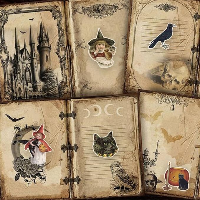 100 Pcs Vintage Witch Stickers, Retro Pumpkin Stickers for Scrapbook, Junk Journal, Collages, Halloween Party Favors, Waterproof Vinyl Stickers for Laptop, Phone, Window, Water Bottles