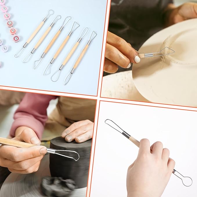 6 Pcs Clay Sculpting Tools Double-Sided Pottery Trimming Tool Wooden Handle Clay Carving Tools Pottery Trimming Tool Wire Loop Sculpture Set for Ceramic Carving
