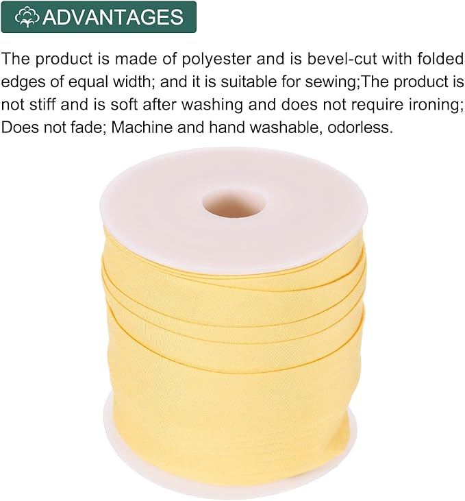 MECCANIXITY 3/4 Inch Single Fold Bias Tape Cotton Continuous Bulk Bias Tape for Sewing, Seaming Quilting Hemming Binding Crafts (Lemon Yellow 25 Yards)