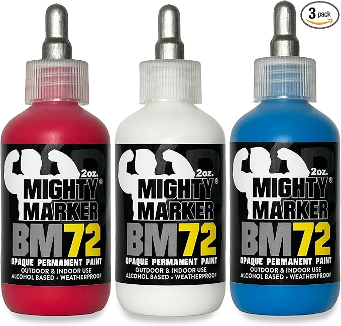 BM-72 Bottle Marker, 2oz (60ml) Alcohol-Based Paint, 1.2mm Steel Ball Tip, Valve Action, Waterproof & Weatherproof, Writes on Rough & Oily Surfaces, Made in USA - 3 Pack