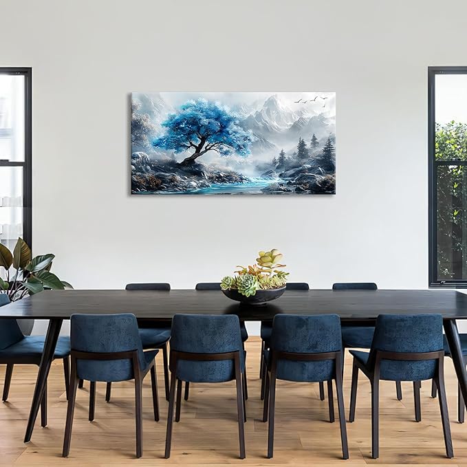 WENTIAO Canvas Wall Art For Living Room, Large Blue Lakeside Forest Wall Decor For Bedroom Painting Mountain Fog Landscape Wall Pictures Artwork Office Frame Canvas Art Modern Home Decoration 60X120cm