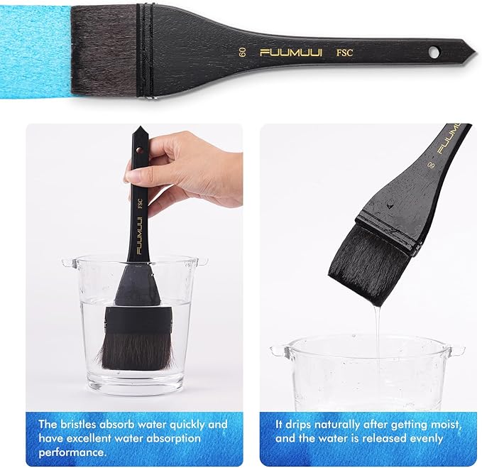 Flat Watercolor Brushes, Fuumuui 60mm Professional Squirrel Hair Flat Hake Brushes, Artists Scale Large Paint Brush with Long Handle for Watercolor and Acrylic Paints